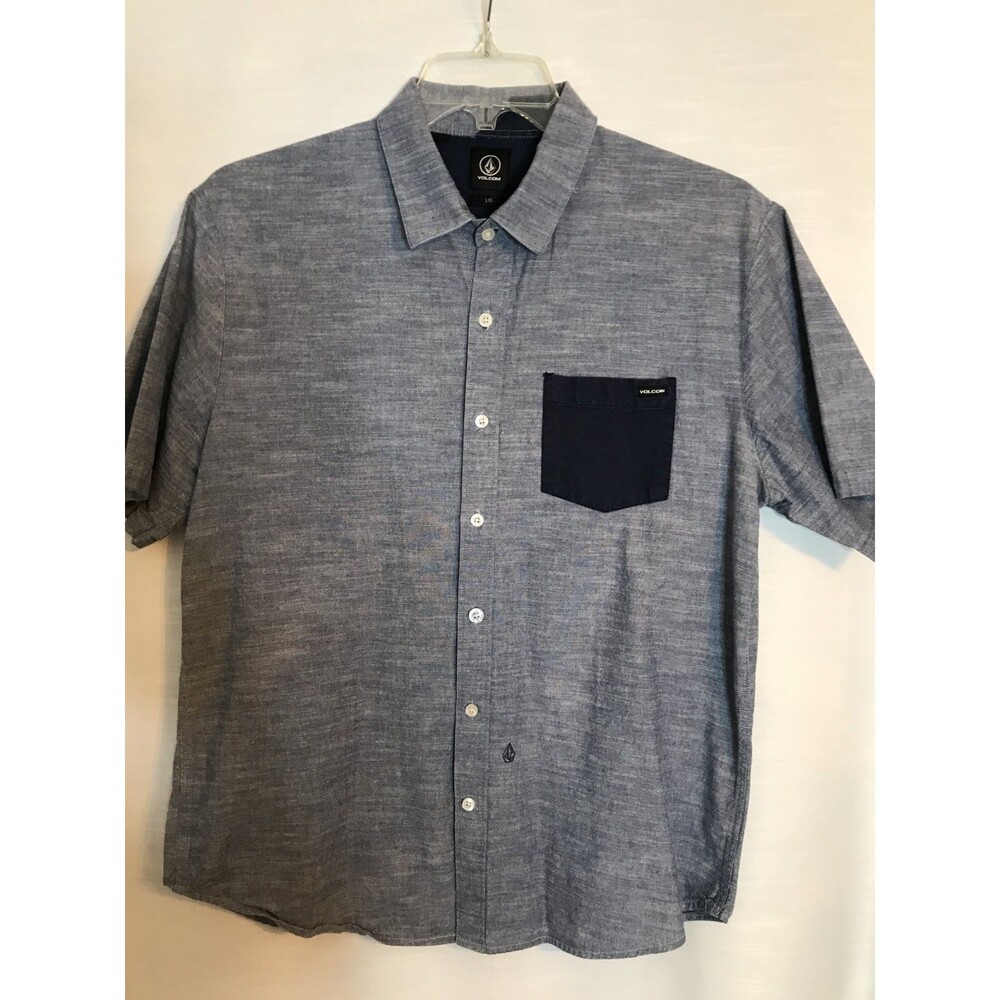 Volcom Mens Classic Fit S/S Button Down Shirt Blue Chambray Large Skater Surf